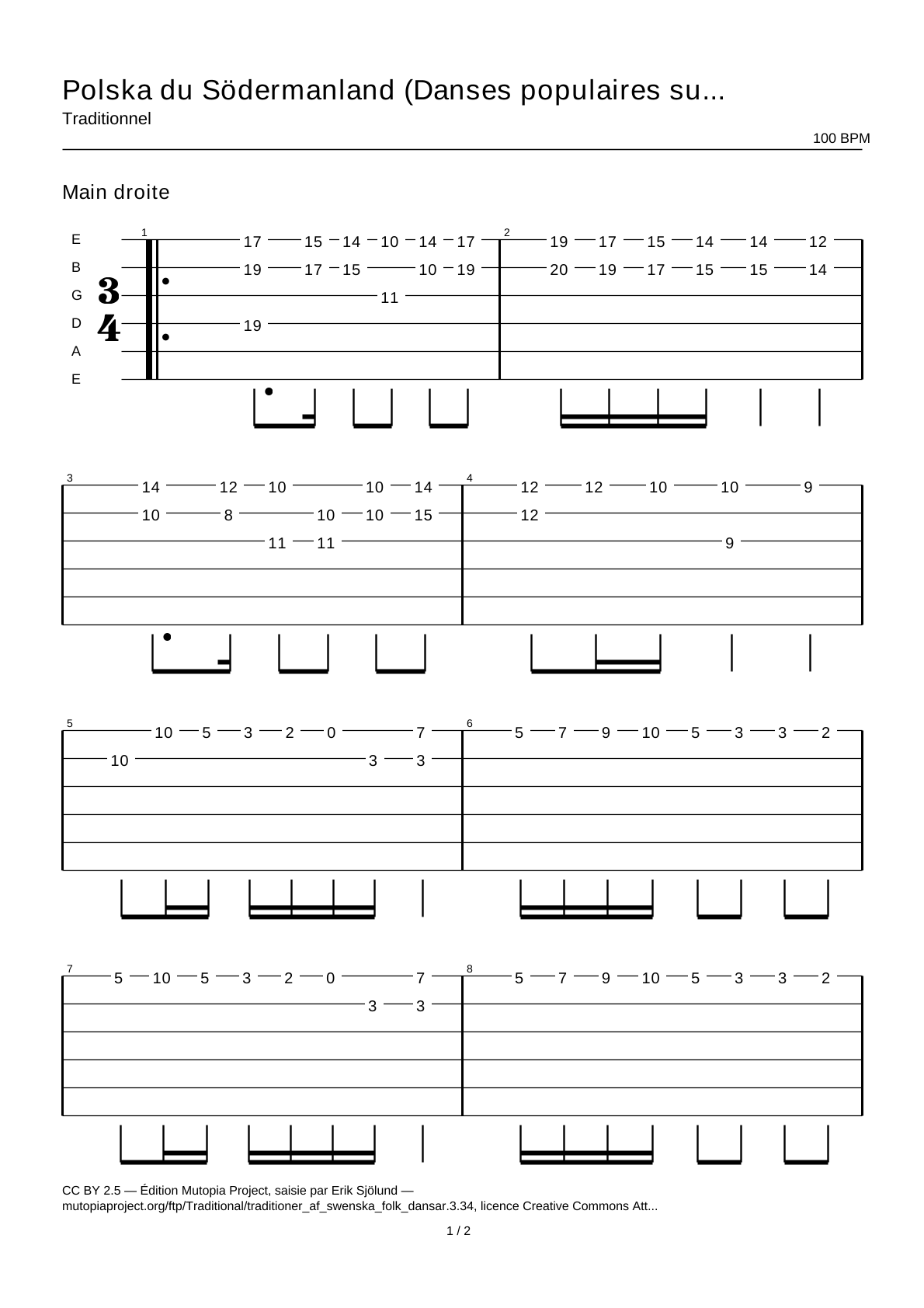 Polska from Södermanland (Swedish Folk Dances, part 3 No. 34) — Guitar Tab