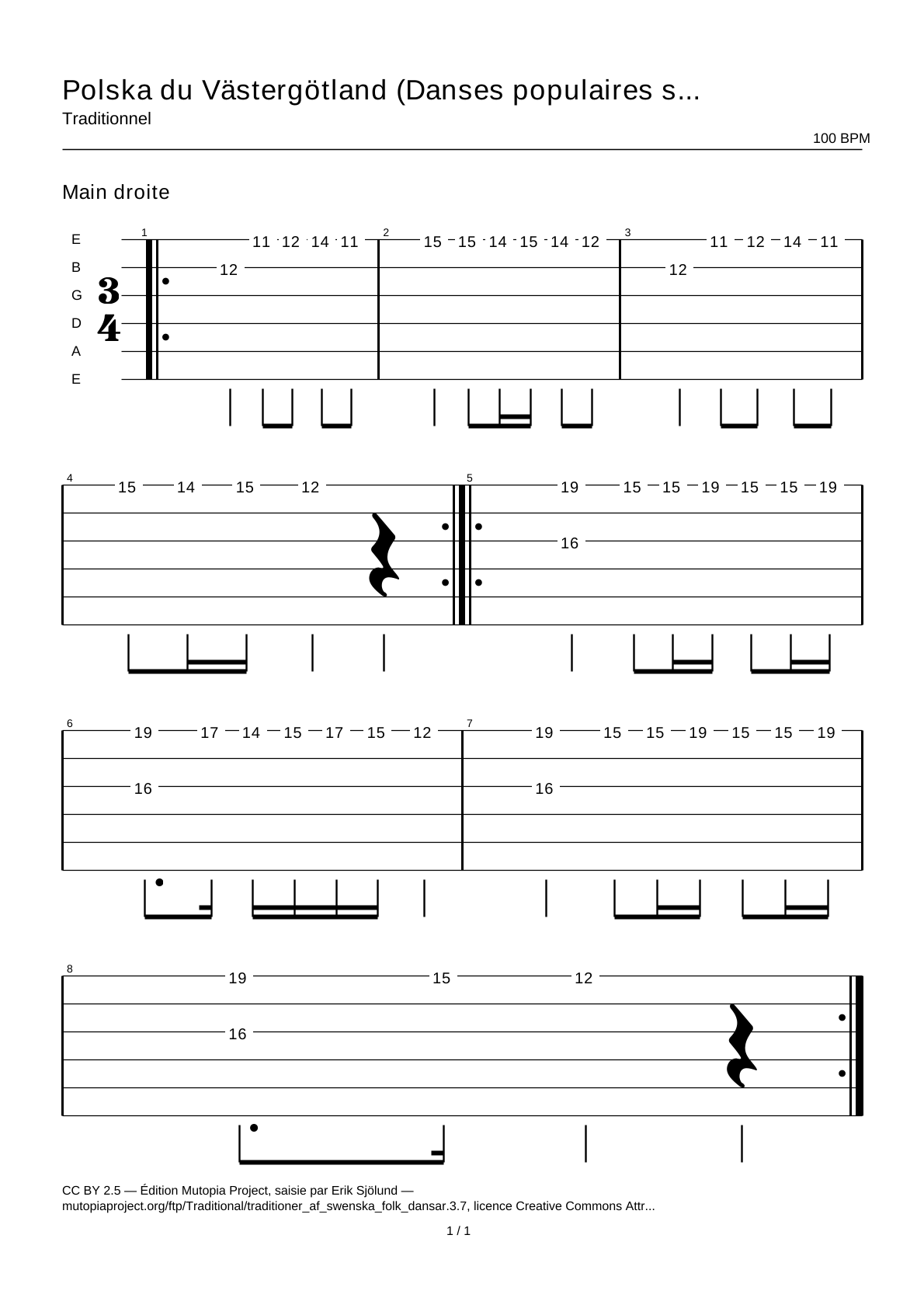 Polska from Västergötland (Swedish Folk Dances, part 3 No. 7) — Guitar Tab