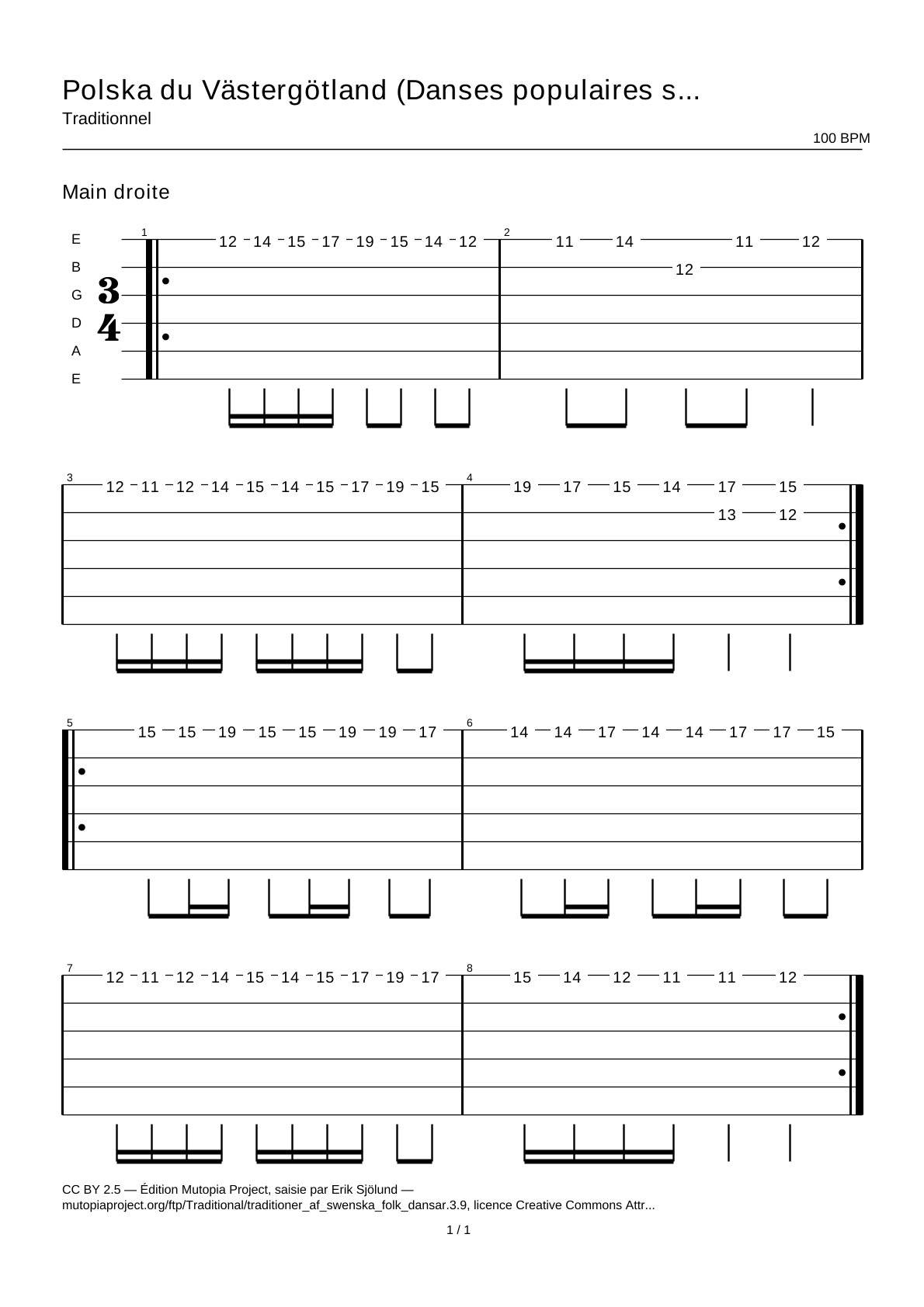 Polska from Västergötland (Swedish Folk Dances, part 3 No. 9) — Guitar Tab