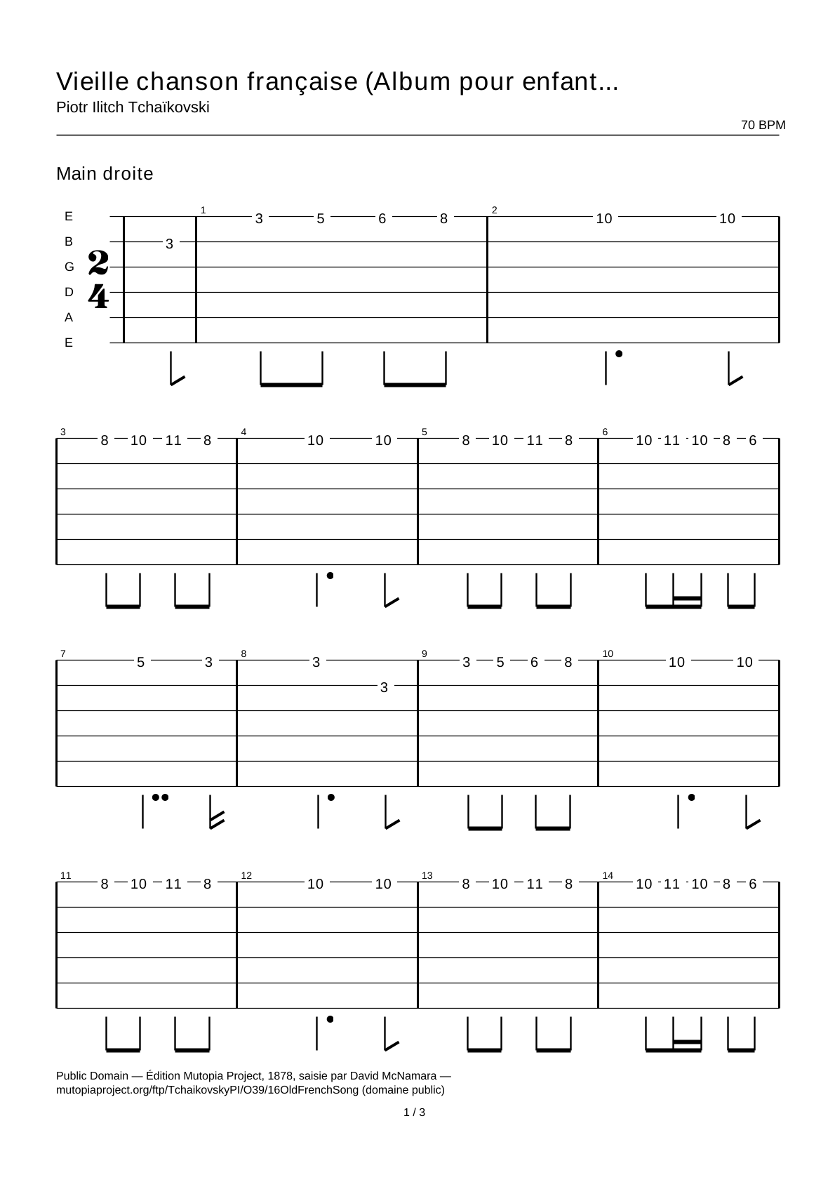 Antigua canción francesa (Álbum para niños, op. 39 n.º 16) — Tablatura de guitarra