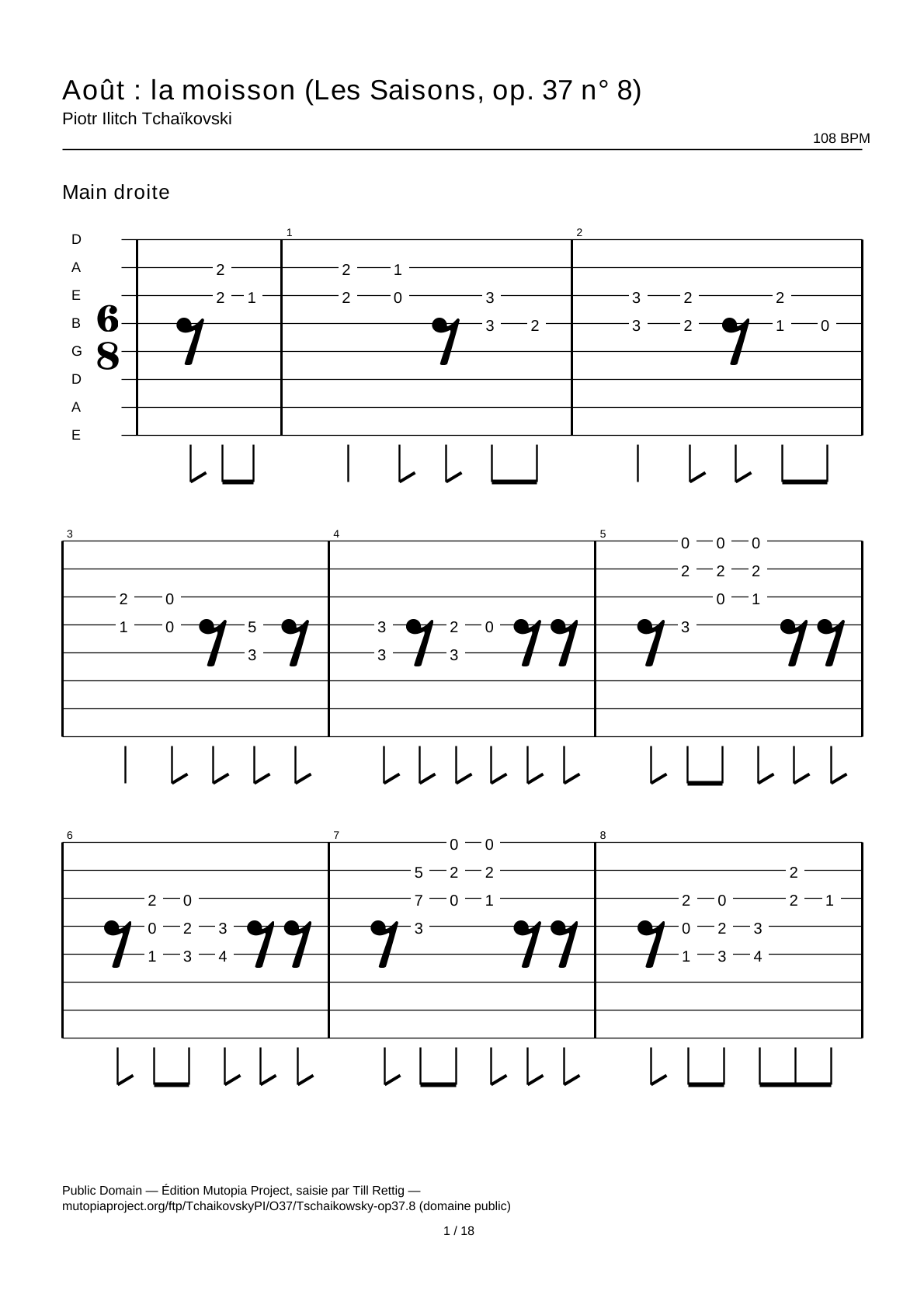 Agosto: la cosecha (Las estaciones, op. 37 n.º 8) — Tablatura de guitarra