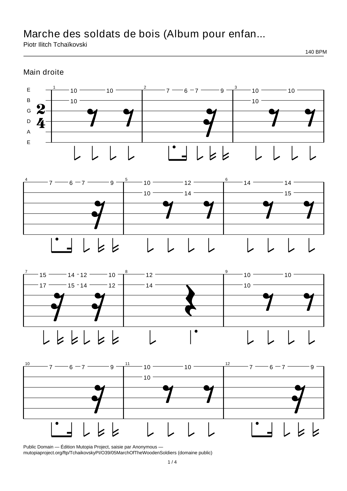 Marcha de los soldados de madera (Álbum para niños, op. 39 n.º 5) — Tablatura de guitarra